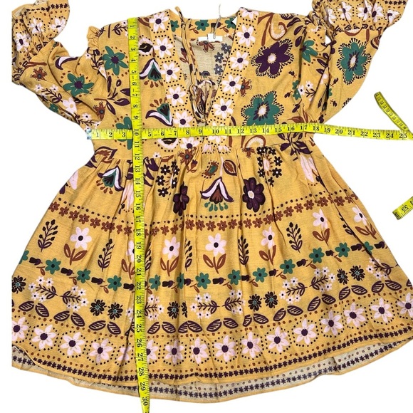 Easel Retro Boho Mustard Yellow Multicolor Floral Babydoll Tunic Top Size Smalll - Picture 4 of 7